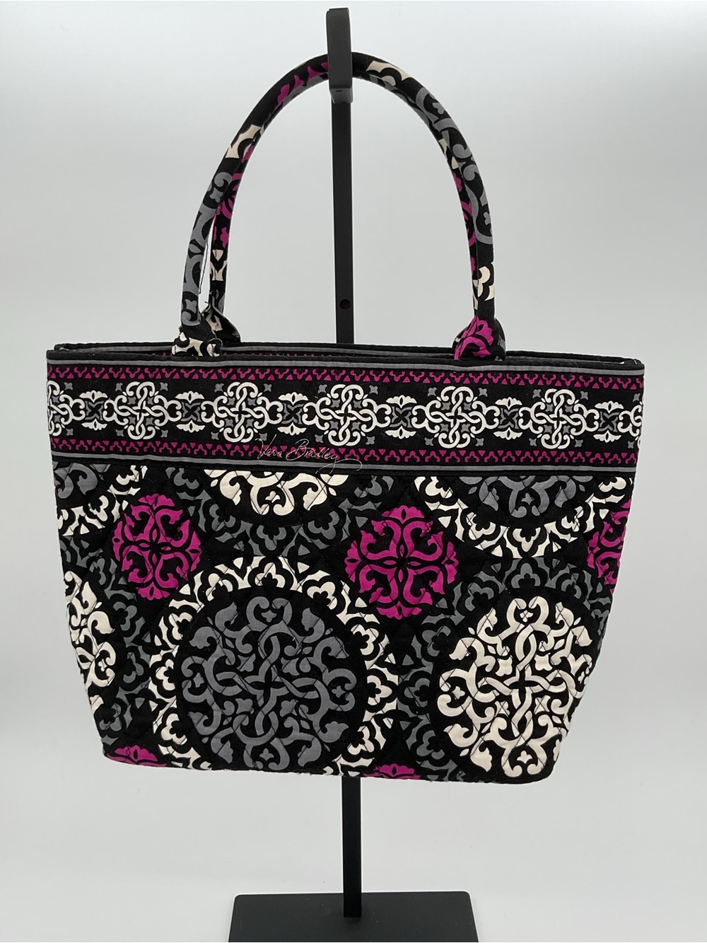Vera Bradley Canterberry Magenta Black, White & Magenta Quilted Pattern Tote